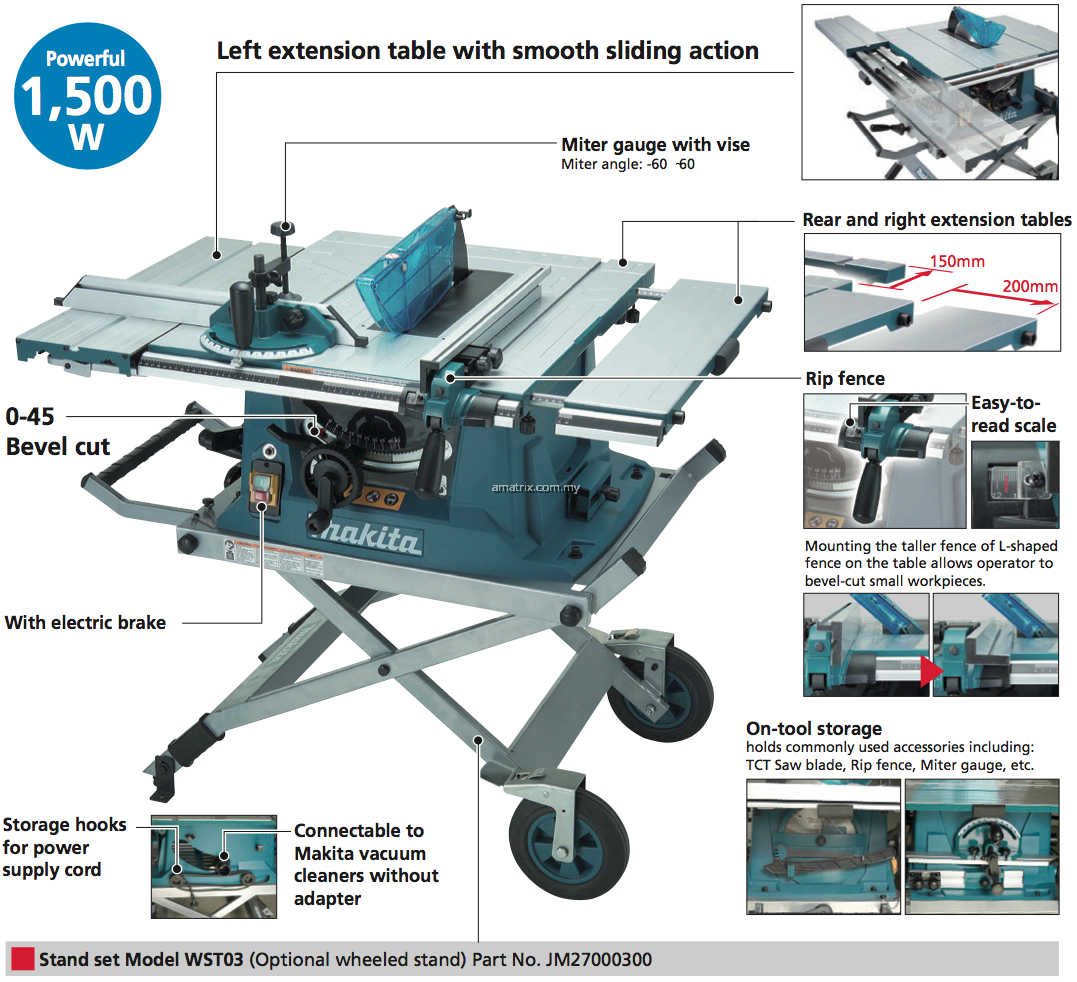 makita MLT100 + WST03 Table Saw 10", 1500W, 4300rpm(with Stand WST03)